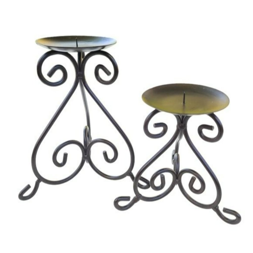 Set of Two Classic Wrought Iron Dark‎ Brown Metal Candle Holder